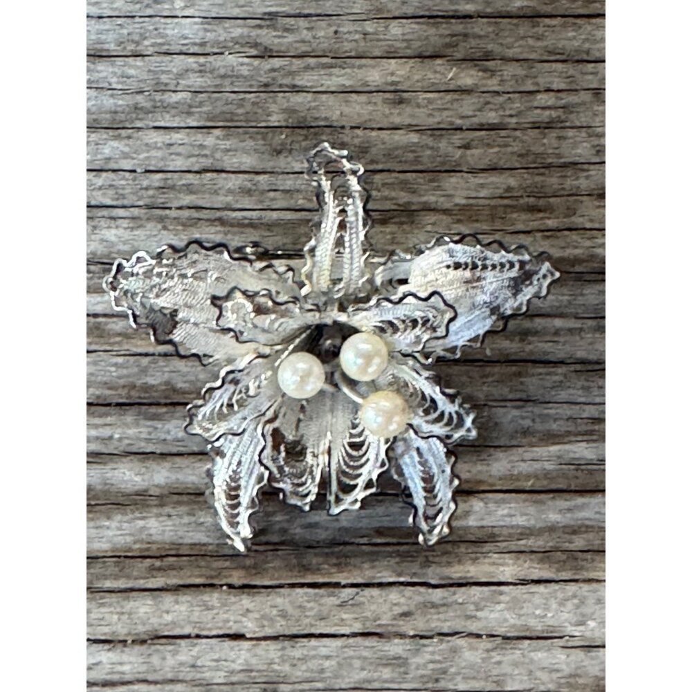 Vintage Sterling Silver Filigree Flower Brooch With Faux Pearls 1 1/2" 6.94g